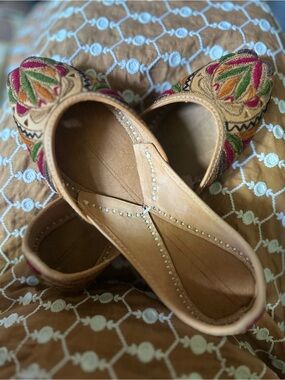 Handmade Embroidered Tan Leather Women's Flats with Multicolor Floral Accents